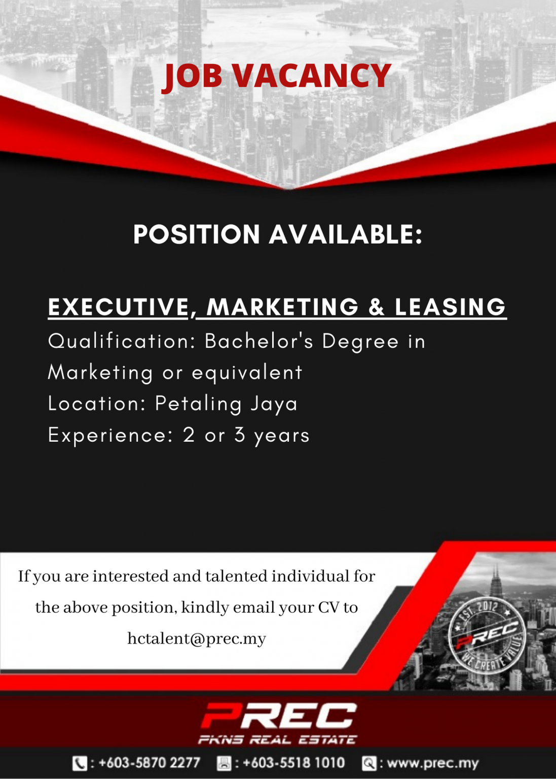 JOB VACANCY Executive Marketing Leasing PKNS Real Estate Sdn Bhd 